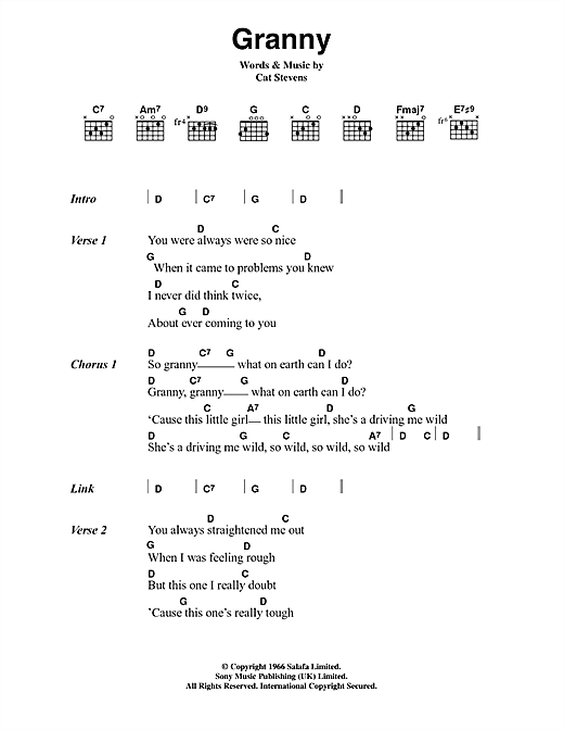 Download Cat Stevens Granny Sheet Music and learn how to play Lyrics & Chords PDF digital score in minutes