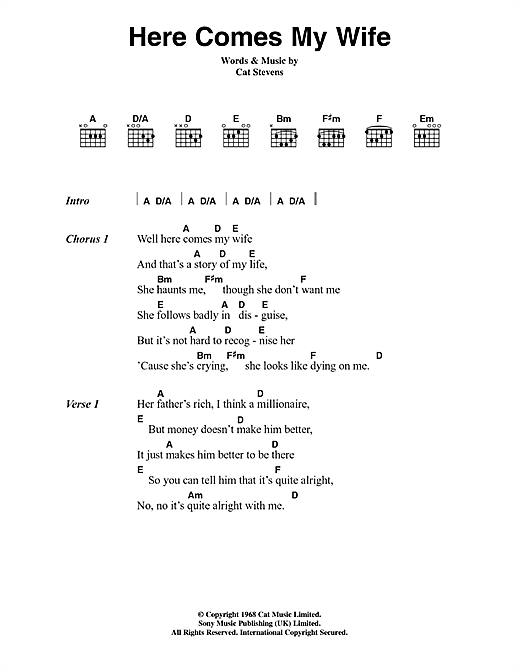 Download Cat Stevens Here Comes My Wife Sheet Music and learn how to play Lyrics & Chords PDF digital score in minutes