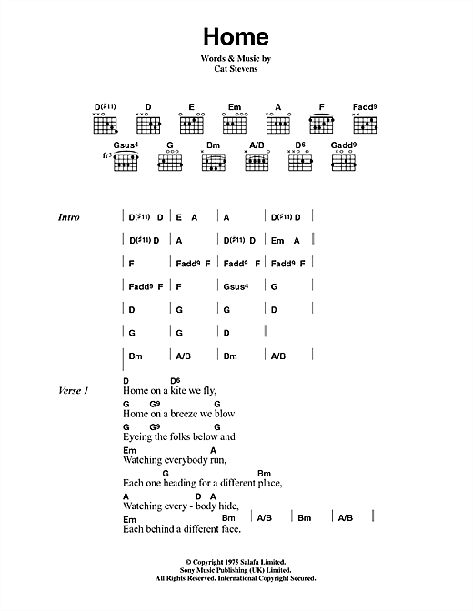 Download Cat Stevens Home Sheet Music and learn how to play Lyrics & Chords PDF digital score in minutes