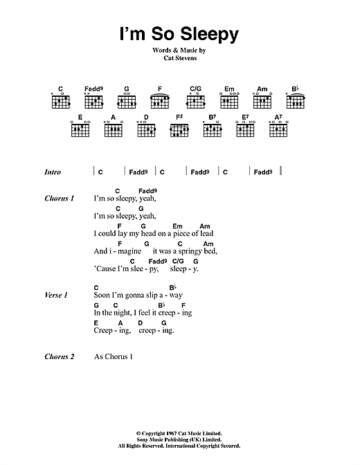 Download Cat Stevens I'm So Sleepy Sheet Music and learn how to play Lyrics & Chords PDF digital score in minutes