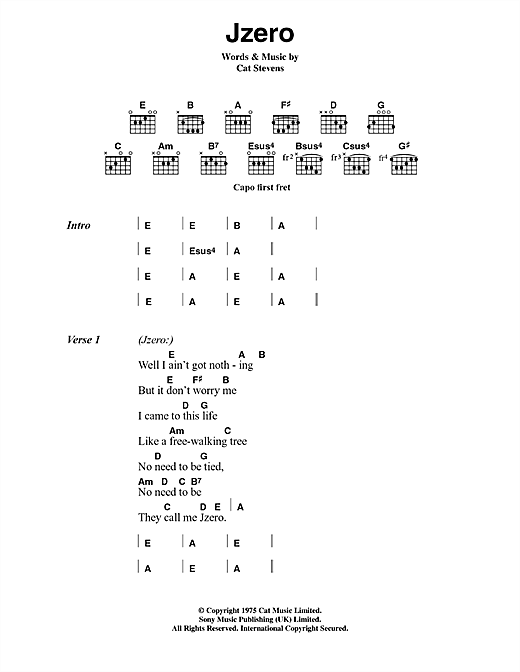 Download Cat Stevens Jzero Sheet Music and learn how to play Lyrics & Chords PDF digital score in minutes