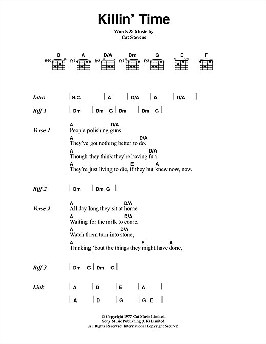 Download Cat Stevens Killin' Time Sheet Music and learn how to play Lyrics & Chords PDF digital score in minutes