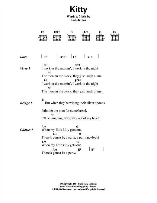 Download Cat Stevens Kitty Sheet Music and learn how to play Lyrics & Chords PDF digital score in minutes