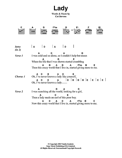 Download Cat Stevens Lady Sheet Music and learn how to play Lyrics & Chords PDF digital score in minutes