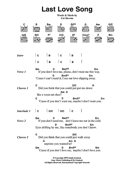 Download Cat Stevens Last Love Song Sheet Music and learn how to play Lyrics & Chords PDF digital score in minutes