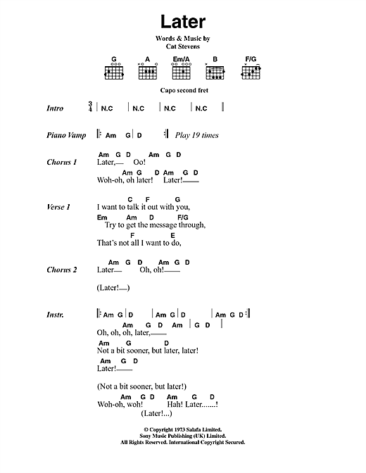 Download Cat Stevens Later Sheet Music and learn how to play Lyrics & Chords PDF digital score in minutes