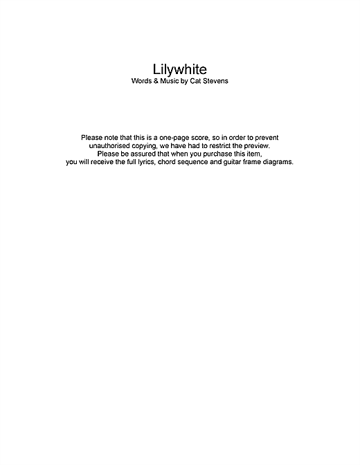 Download Cat Stevens Lilywhite Sheet Music and learn how to play Lyrics & Chords PDF digital score in minutes