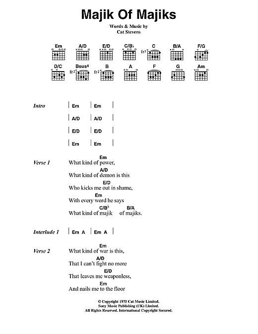 Download Cat Stevens Majik Of Majiks Sheet Music and learn how to play Lyrics & Chords PDF digital score in minutes