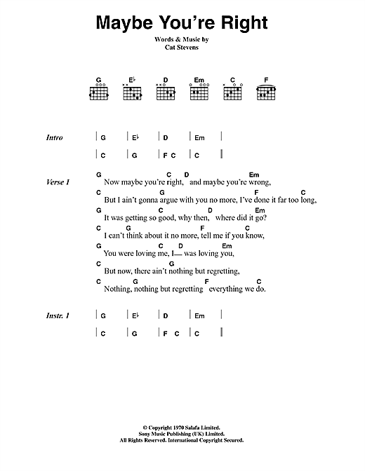 Download Cat Stevens Maybe You're Right Sheet Music and learn how to play Lyrics & Chords PDF digital score in minutes