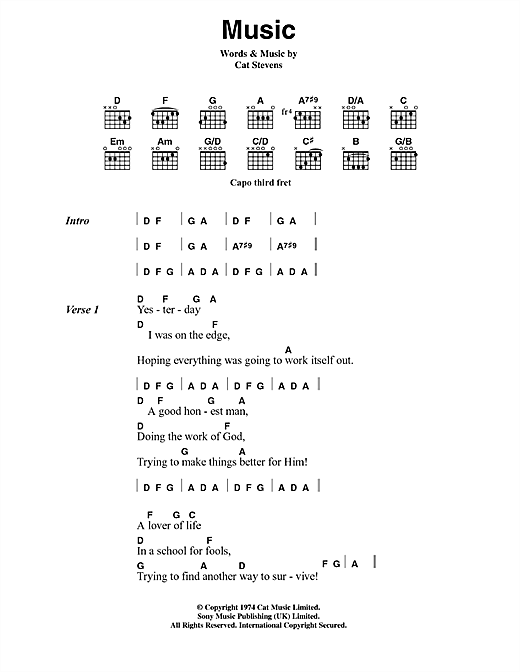 Download Cat Stevens Music Sheet Music and learn how to play Lyrics & Chords PDF digital score in minutes