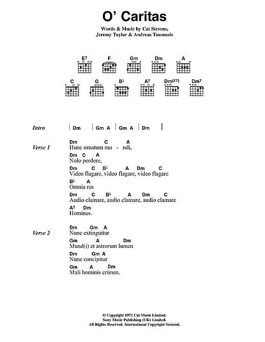 Download Cat Stevens O' Caritas Sheet Music and learn how to play Lyrics & Chords PDF digital score in minutes