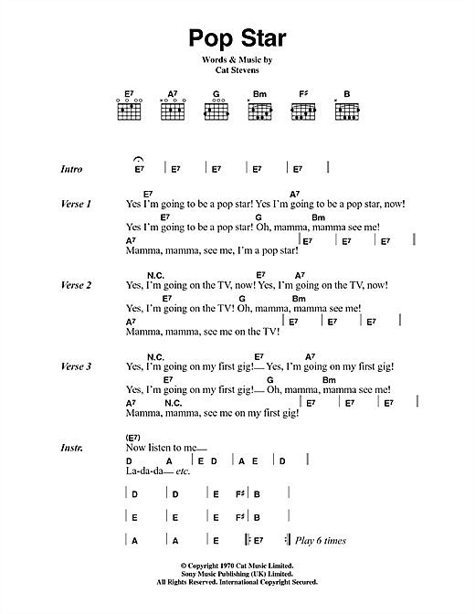Download Cat Stevens Pop Star Sheet Music and learn how to play Lyrics & Chords PDF digital score in minutes