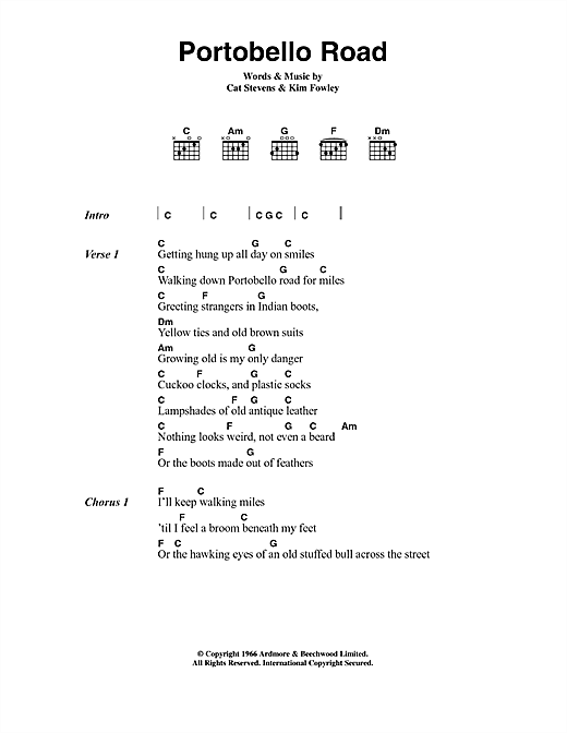 Download Cat Stevens Portobello Road Sheet Music and learn how to play Lyrics & Chords PDF digital score in minutes