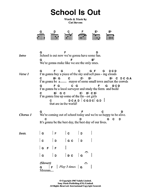 Download Cat Stevens School Is Out Sheet Music and learn how to play Lyrics & Chords PDF digital score in minutes