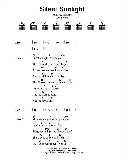 Download Cat Stevens Silent Sunlight Sheet Music and learn how to play Lyrics & Chords PDF digital score in minutes