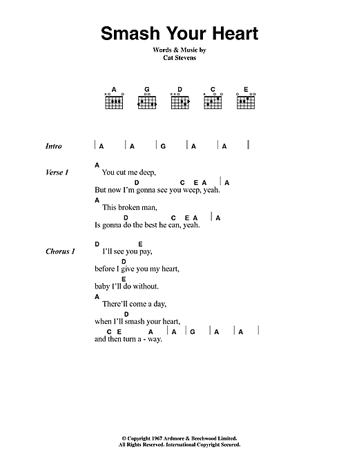 Download Cat Stevens Smash Your Heart Sheet Music and learn how to play Lyrics & Chords PDF digital score in minutes