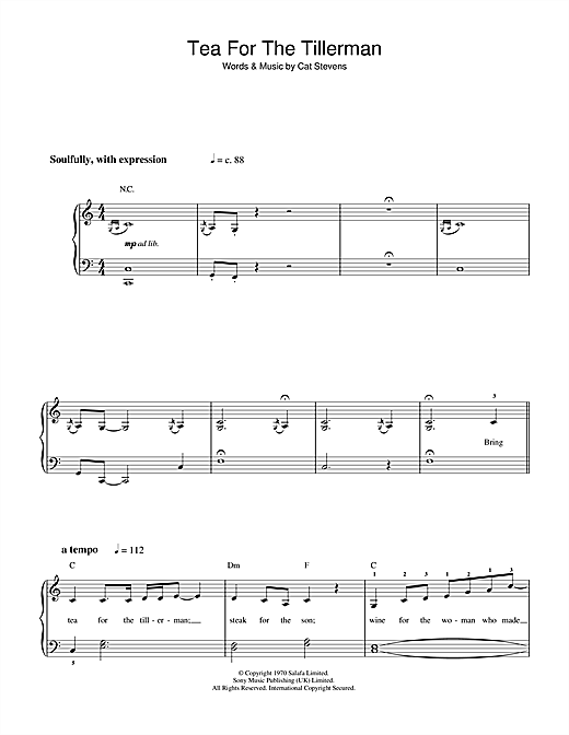Download Cat Stevens Tea For The Tillerman (closing theme from Extras) Sheet Music and learn how to play Beginner Piano PDF digital score in minutes