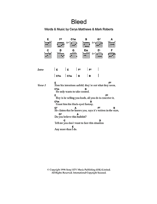 Download Catatonia Bleed Sheet Music and learn how to play Lyrics & Chords PDF digital score in minutes