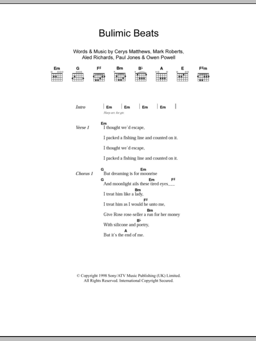 Download Catatonia Bulimic Beats Sheet Music and learn how to play Lyrics & Chords PDF digital score in minutes
