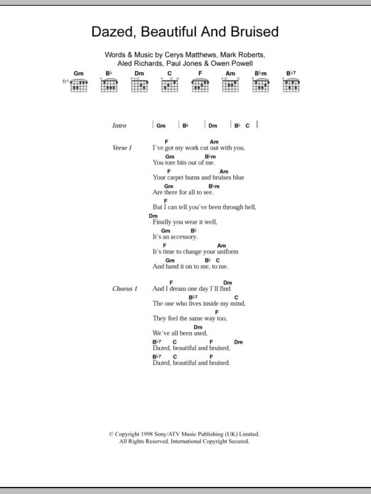 Download Catatonia Dazed, Beautiful And Bruised Sheet Music and learn how to play Piano, Vocal & Guitar PDF digital score in minutes