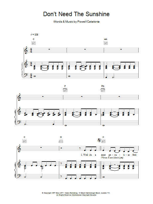 Download Catatonia Don't Need The Sunshine Sheet Music and learn how to play Lyrics & Chords PDF digital score in minutes