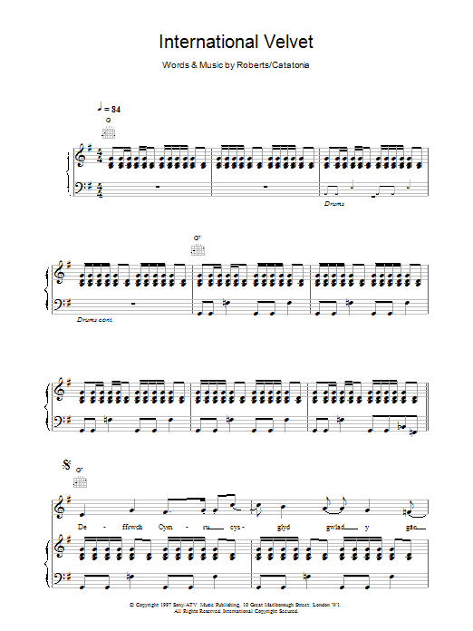 Download Catatonia International Velvet Sheet Music and learn how to play Piano, Vocal & Guitar PDF digital score in minutes