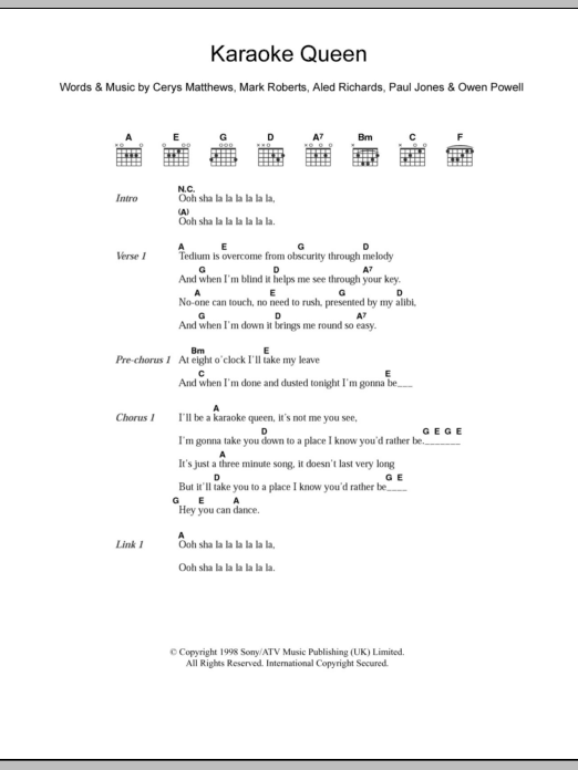 Download Catatonia Karaoke Queen Sheet Music and learn how to play Piano, Vocal & Guitar PDF digital score in minutes