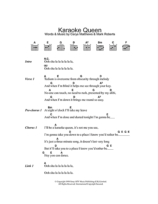 Download Catatonia Karaoke Queen Sheet Music and learn how to play Lyrics & Chords PDF digital score in minutes