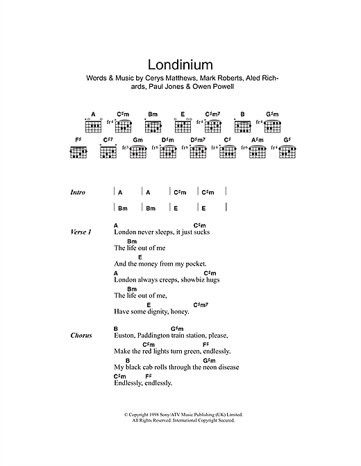 Download Catatonia Londinium Sheet Music and learn how to play Piano, Vocal & Guitar PDF digital score in minutes