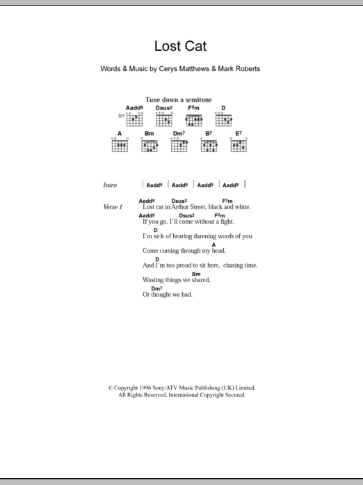 Download Catatonia Lost Cat Sheet Music and learn how to play Lyrics & Chords PDF digital score in minutes