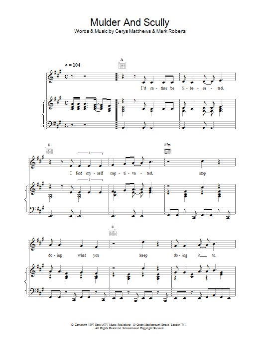 Download Catatonia Mulder And Scully Sheet Music and learn how to play Piano, Vocal & Guitar (Right-Hand Melody) PDF digital score in minutes