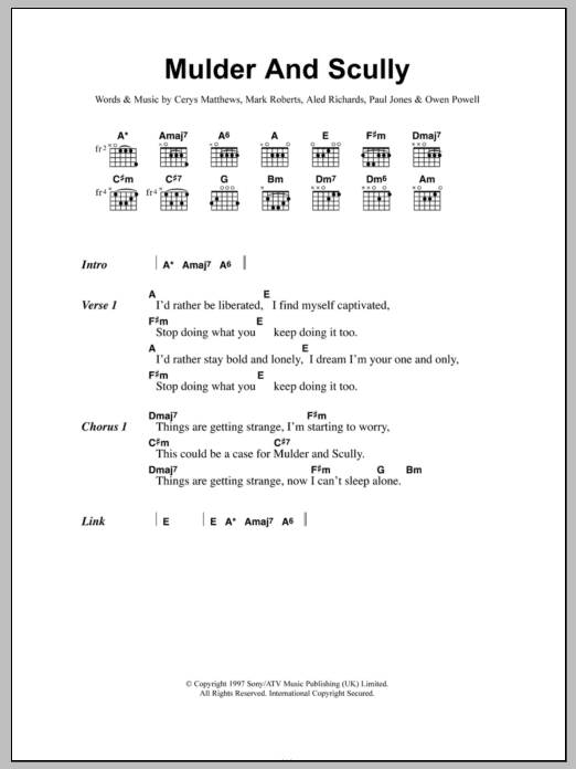Download Catatonia Mulder And Scully Sheet Music and learn how to play Lyrics & Chords PDF digital score in minutes