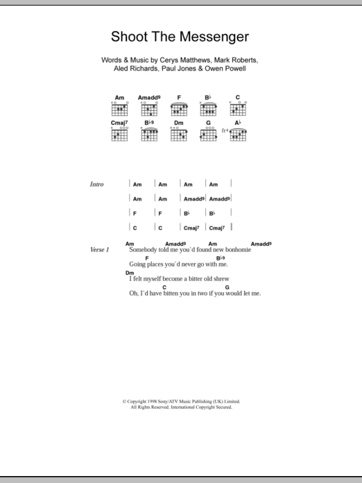 Download Catatonia Shoot The Messenger Sheet Music and learn how to play Piano, Vocal & Guitar PDF digital score in minutes