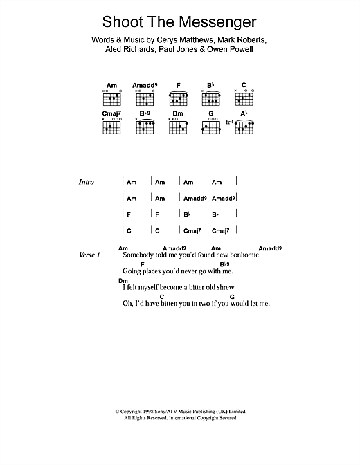 Download Catatonia Shoot The Messenger Sheet Music and learn how to play Piano, Vocal & Guitar PDF digital score in minutes