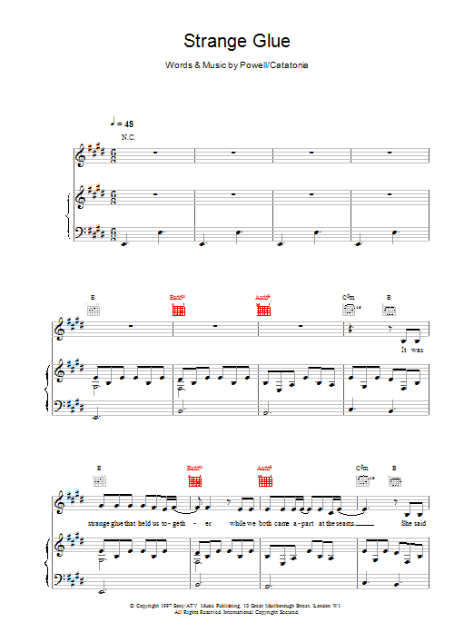 Download Catatonia Strange Glue Sheet Music and learn how to play Piano, Vocal & Guitar PDF digital score in minutes