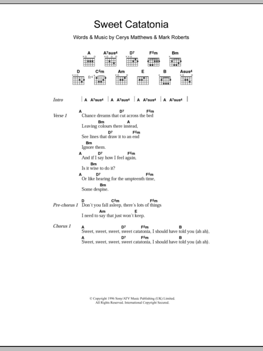 Download Catatonia Sweet Catatonia Sheet Music and learn how to play Lyrics & Chords PDF digital score in minutes