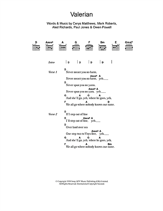 Download Catatonia Valerian Sheet Music and learn how to play Lyrics & Chords PDF digital score in minutes