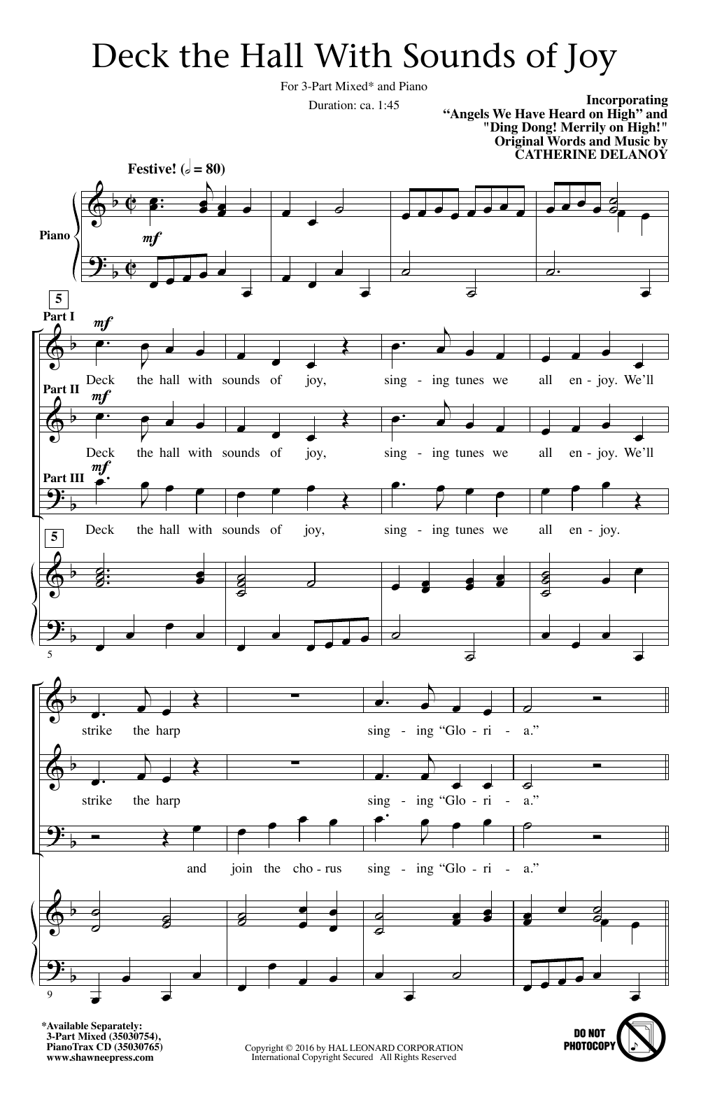 Download Catherine Delanoy Deck The Hall With Sounds Of Joy Sheet Music and learn how to play 3-Part Mixed PDF digital score in minutes