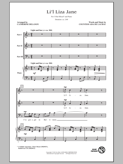 Download Catherine DeLanoy Li'l Liza Jane (Go Li'l Liza) Sheet Music and learn how to play 3-Part Mixed PDF digital score in minutes