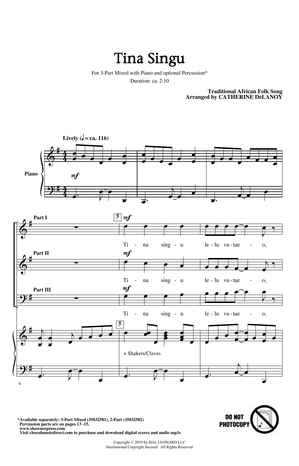 Download Catherine Delanoy Tina Singu Sheet Music and learn how to play 3-Part Mixed Choir PDF digital score in minutes