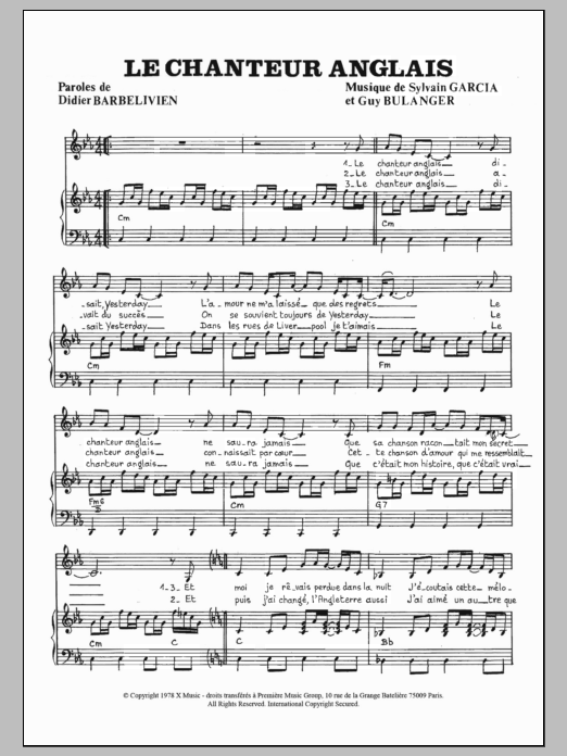Download Catherine Ferry Le Chanteur Anglais Sheet Music and learn how to play Piano & Vocal PDF digital score in minutes