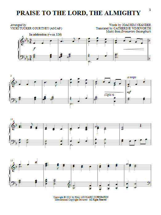 Download Catherine Winkworth Praise To The Lord, The Almighty Sheet Music and learn how to play Piano PDF digital score in minutes
