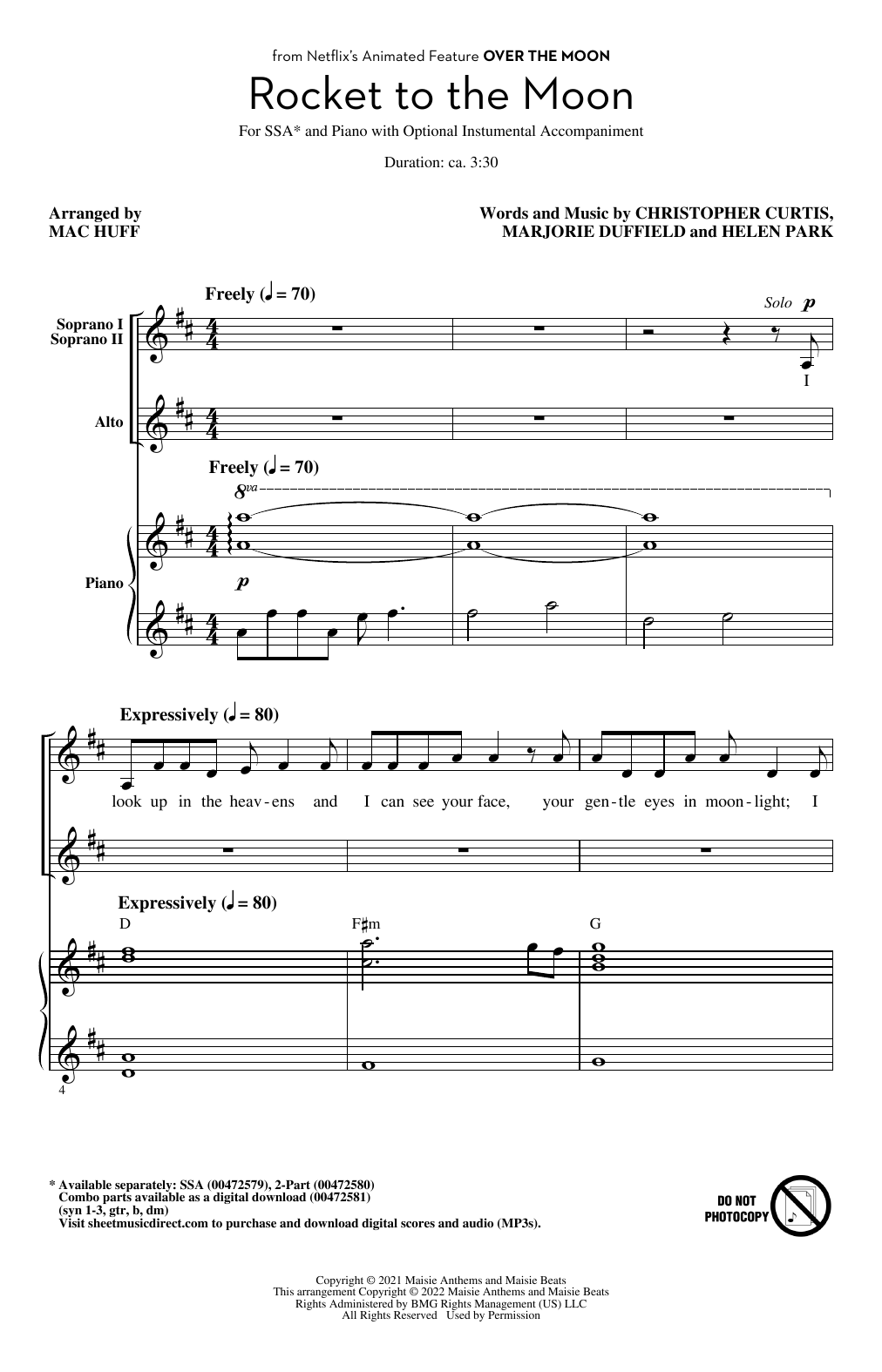 Download Cathy Ang Rocket To The Moon (from Over The Moon) (arr. Mac Huff) Sheet Music and learn how to play SSA Choir PDF digital score in minutes