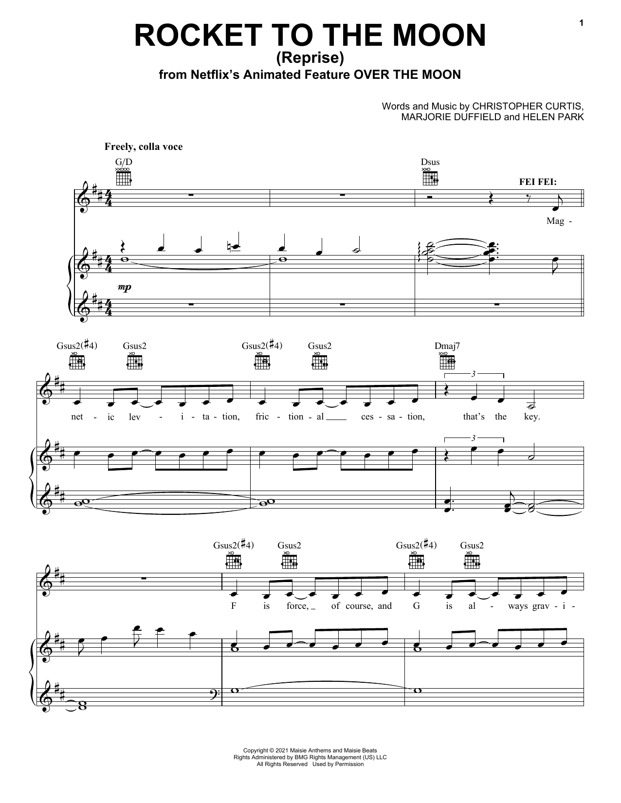 Download Cathy Ang Rocket To The Moon (Reprise) (from Over The Moon) Sheet Music and learn how to play Piano, Vocal & Guitar Chords (Right-Hand Melody) PDF digital score in minutes