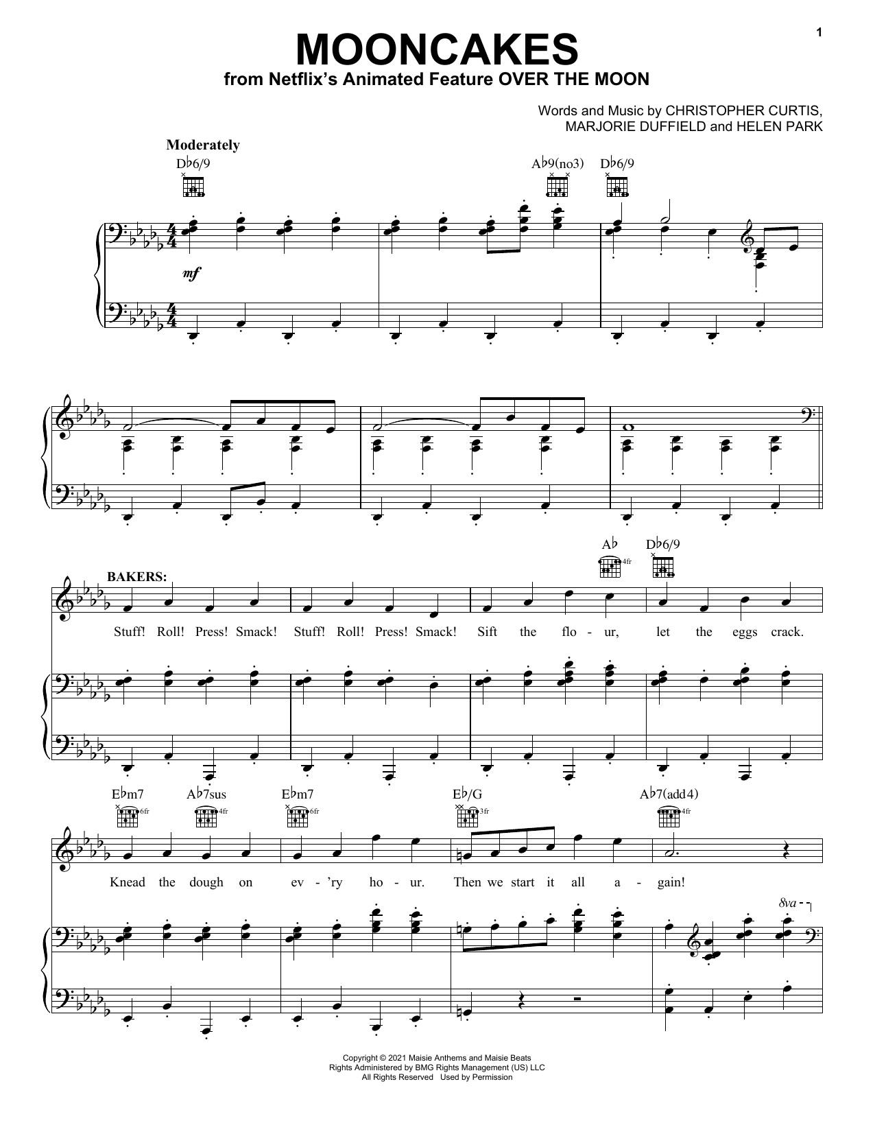 Download Cathy Ang, Ruthie Ann Miles and John Cho Mooncakes (from Over The Moon) Sheet Music and learn how to play Piano, Vocal & Guitar Chords (Right-Hand Melody) PDF digital score in minutes