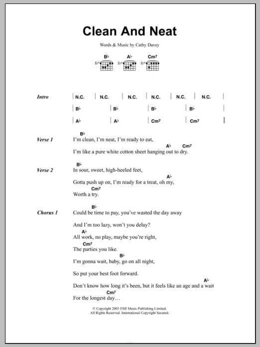 Download Cathy Davey Clean And Neat Sheet Music and learn how to play Lyrics & Chords PDF digital score in minutes