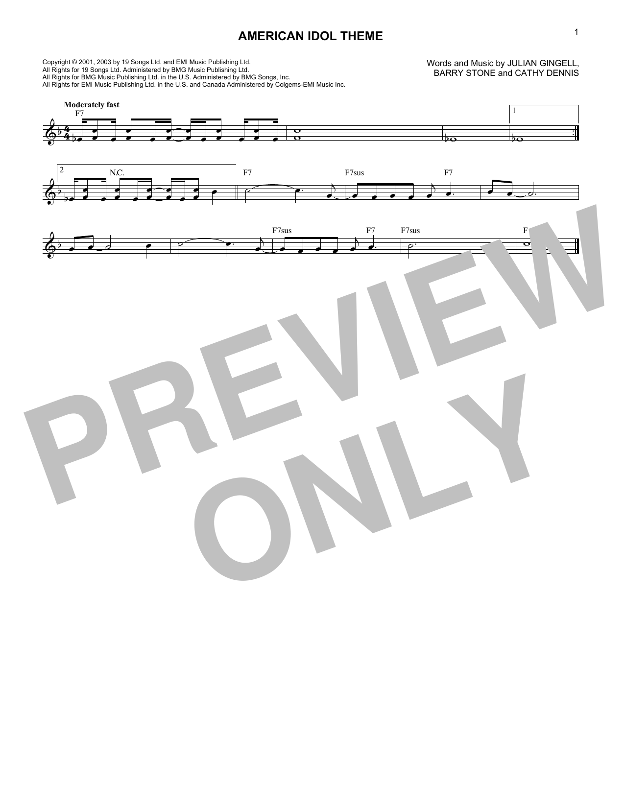 Download Cathy Dennis American Idol Theme Sheet Music and learn how to play Melody Line, Lyrics & Chords PDF digital score in minutes