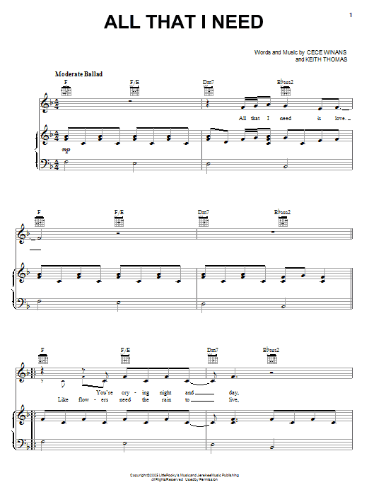 Download CeCe Winans All That I Need Sheet Music and learn how to play Piano, Vocal & Guitar (Right-Hand Melody) PDF digital score in minutes