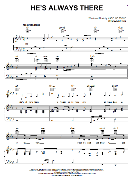 Download CeCe Winans He's Always There Sheet Music and learn how to play Piano, Vocal & Guitar (Right-Hand Melody) PDF digital score in minutes