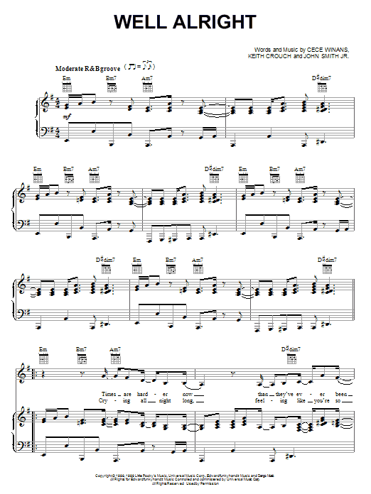 Download CeCe Winans Well Alright Sheet Music and learn how to play Piano, Vocal & Guitar (Right-Hand Melody) PDF digital score in minutes